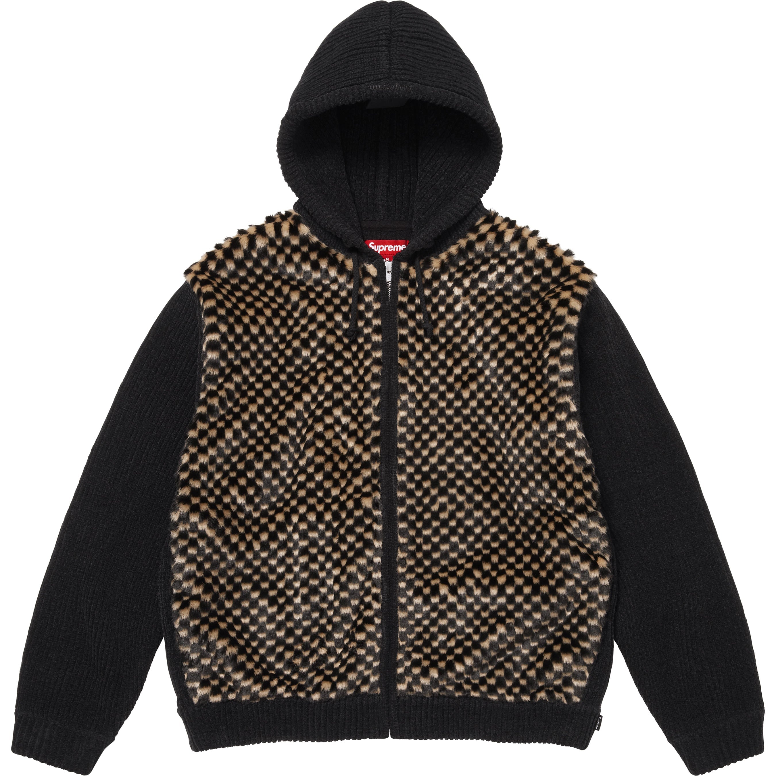 Checkerboard Faux Fur Zip Up Hooded Sweater view 5